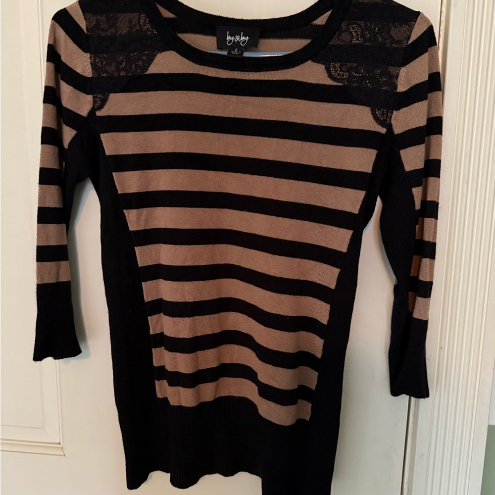 Striped Black and Tan Sweater with Lace Accents